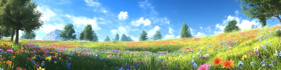 Fototapeta premium Delight in the beauty of a meadow filled with colorful flowers. The vibrant blooms, blue sky, and lush greenery create a serene and picturesque scene