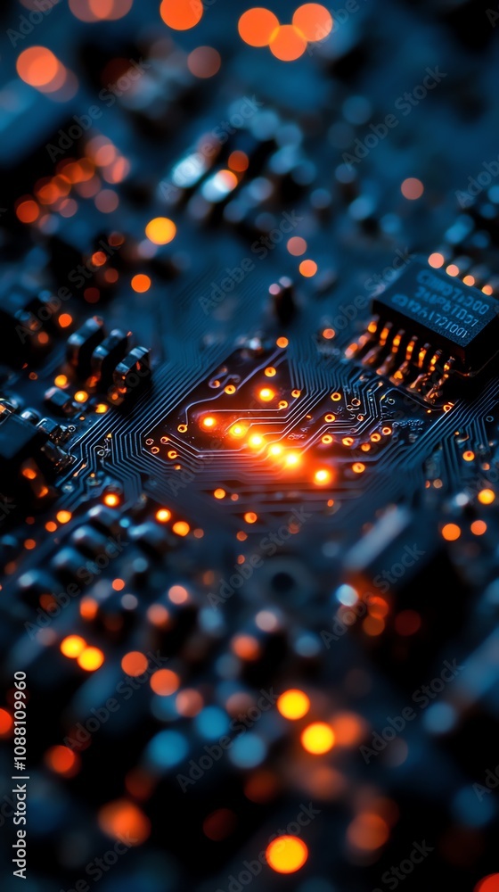 Fototapete Close-up of illuminated circuit board components with bokeh.