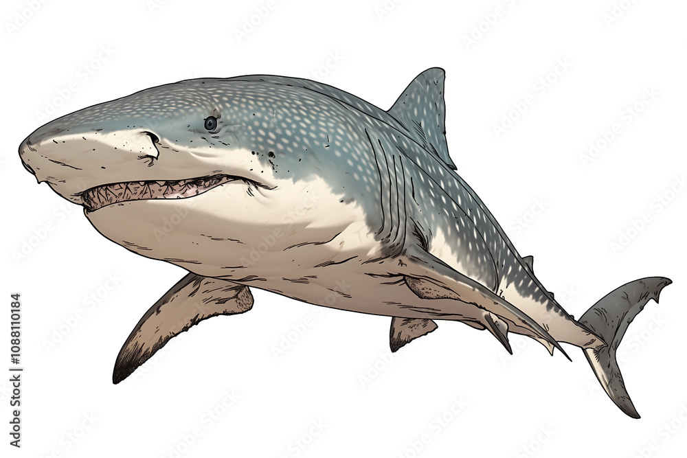 Poster whale shark illustration on white background, showcasing its distinct spotted pattern and large size