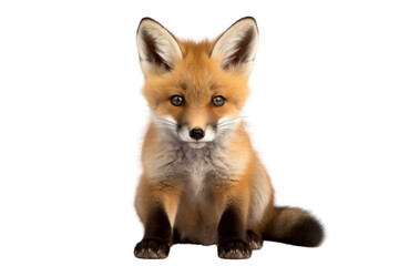 A young fox cub sitting and looking directly at the camera isolated on white background