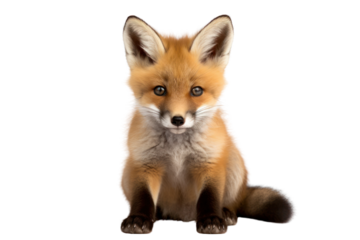 A young fox cub sitting and looking directly at the camera isolated on white background