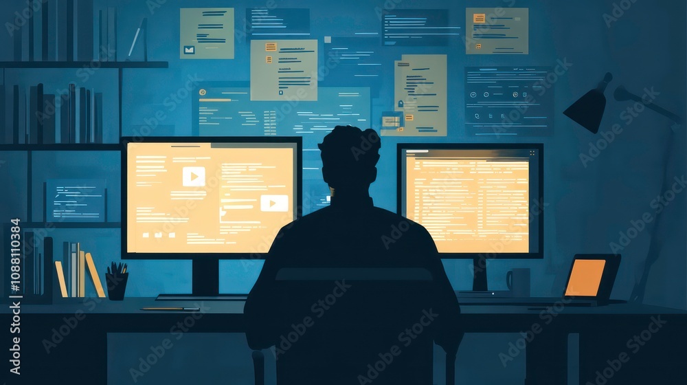 Poster a businessman working on a computer with many charts and graphs on the screen.