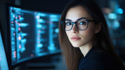 focused woman with glasses working on computer in dark environment, surrounded by code and technology. Her expression shows determination and concentration