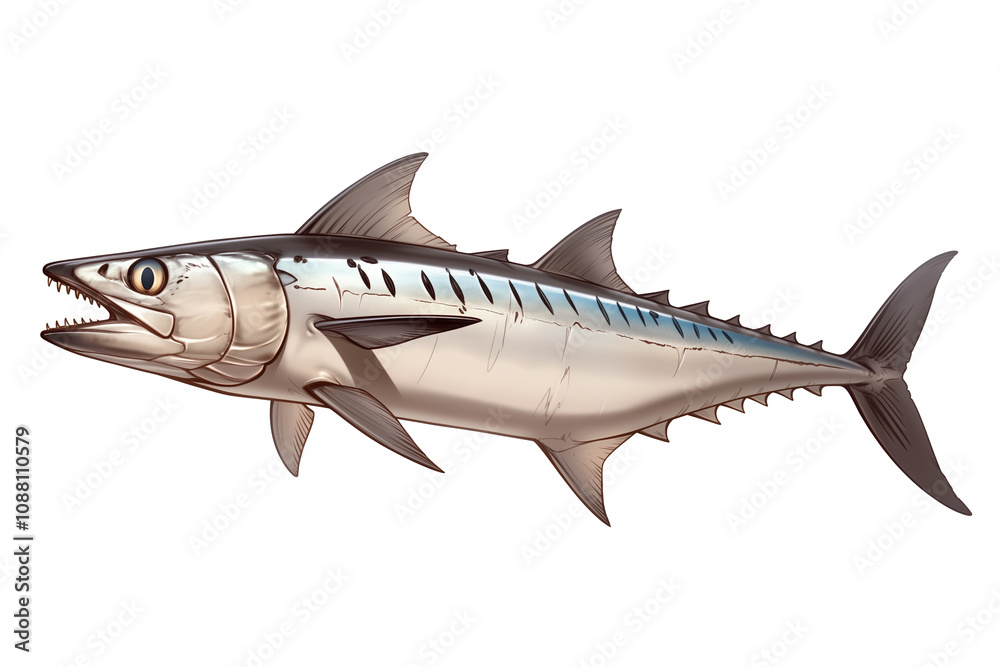 Poster sleek barracuda with sharp teeth and streamlined body is isolated on white background, showcasing its predatory nature and distinctive features