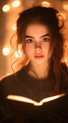 young woman reading book, illuminated by warm lights, creating cozy atmosphere. Her expressive eyes and soft features enhance enchanting scene