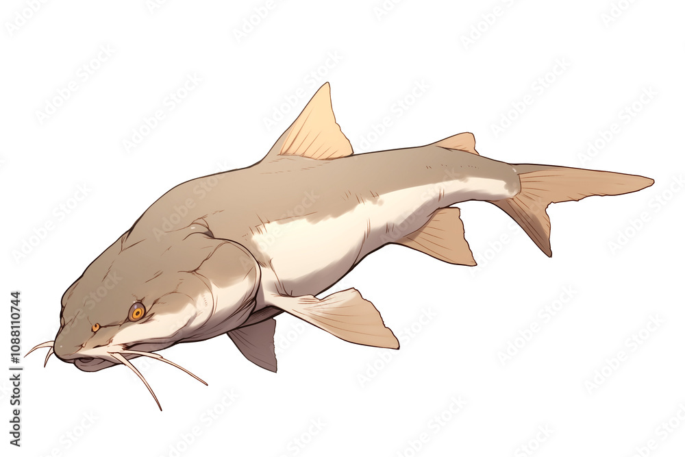 Poster catfish with whiskers and smooth skin is isolated on white background, showcasing its unique feature