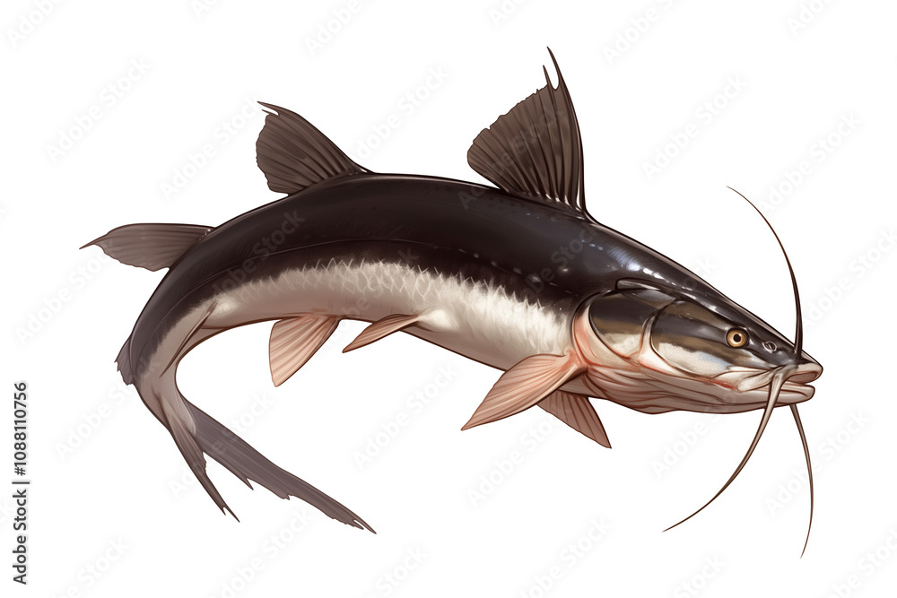 Poster bullhead catfish isolated on white background, showcasing its distinctive whiskers and sleek body. f