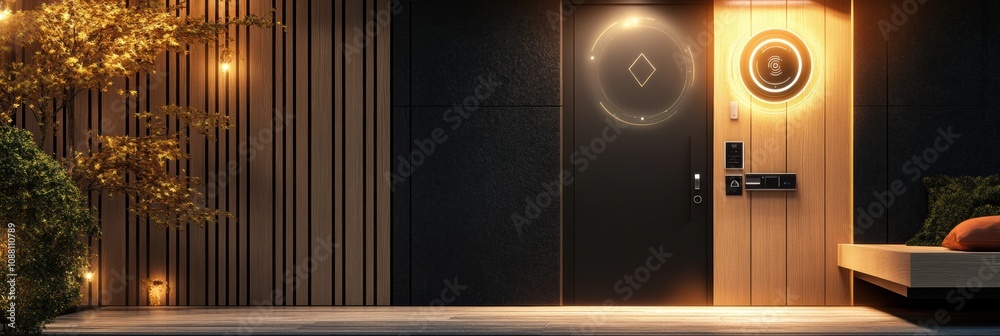 Leinwandbilder The entrance features advanced security technology, showcasing a fingerprint lock and motion sensors illuminated at night. Generative AI
