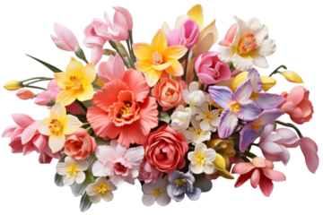 A vibrant bouquet of assorted spring flowers featuring tulips, daffodils, and cherry blossoms in full bloom isolated on white background