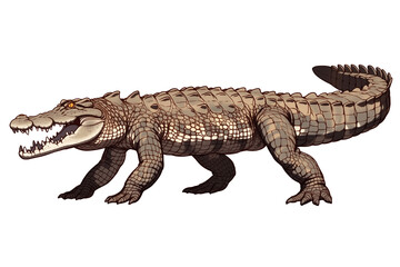 Naklejka premium Cuban crocodile isolated on white background, showcasing its distinctive scales and powerful stance. reptile textured skin and sharp teeth are clearly visible, highlighting its predatory nature