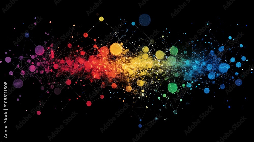 Poster colorful abstract network nodes and connections on black background.