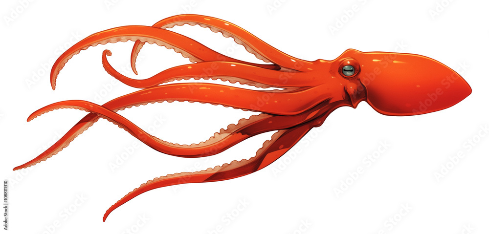Poster vibrant orange giant squid is isolated on white background, showcasing its long tentacles and streamlined body. squid smooth texture and striking color create captivating image