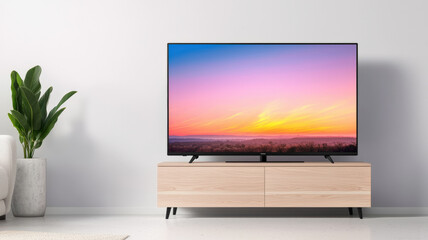A modern living room featuring a sleek TV displaying a colorful sunset, complemented by a stylish wooden TV stand and a vibrant indoor plant.
