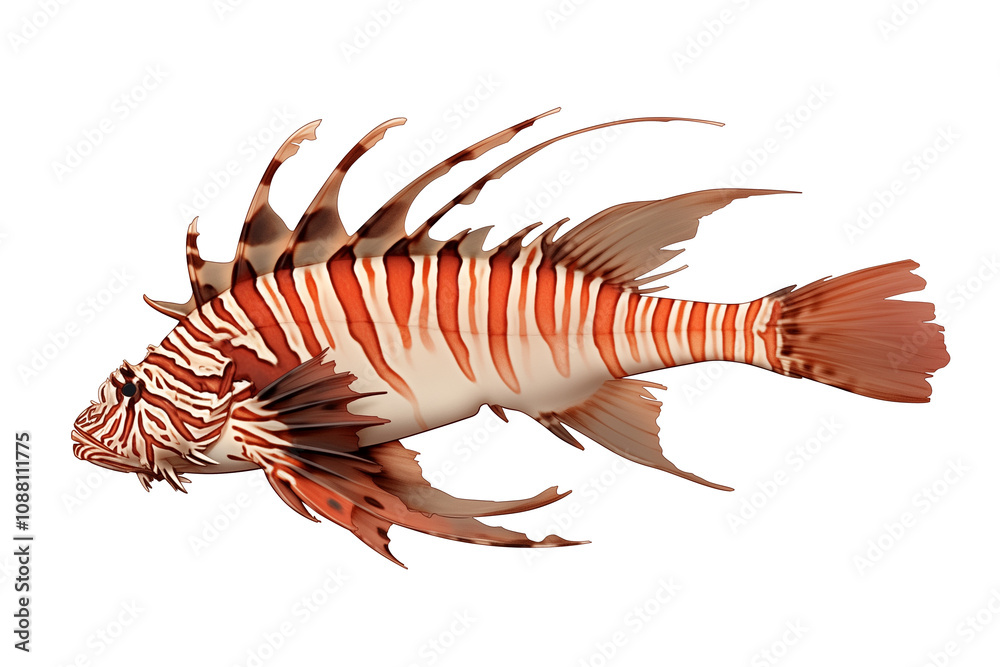 Poster lionfish isolated on white background, showcasing its vibrant stripes and spiky fins. fish unique ap
