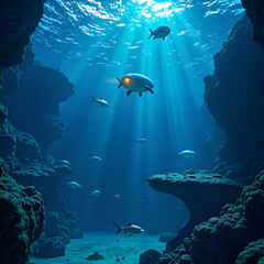 Fototapeta premium Exploring the enchanting underwater world illuminated by sunlight filtering through ocean waves, digital art of underwater scene concept.