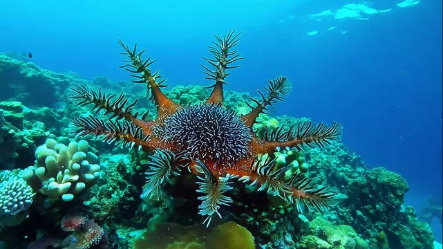 Stunning underwater shot of a crown-of-thorns starfish amidst a lively coral reef.