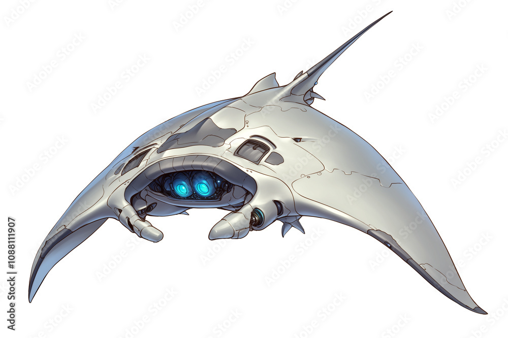 Poster futuristic robotic manta ray with sleek design and glowing blue elements, isolated on white backgrou