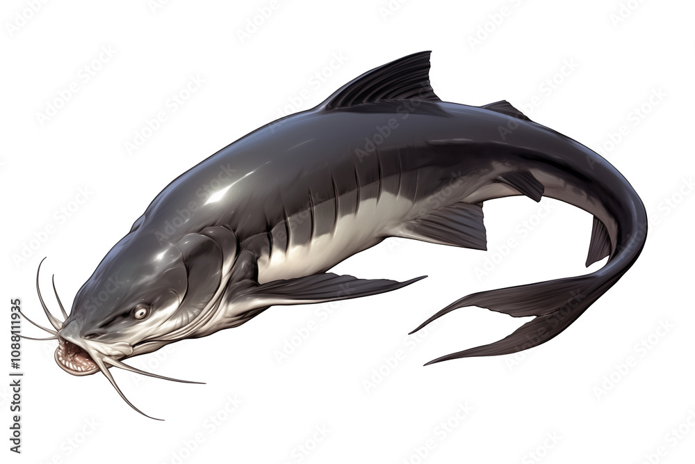 Poster sleek mimic catfish with shiny scales and long whiskers isolated on white background, showcasing its