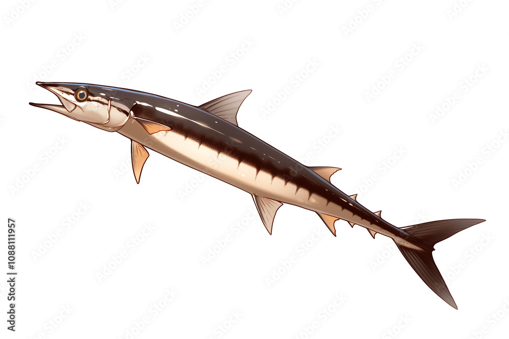 Poster sleek needlefish with long, slender body and sharp snout is isolated on white background, showcasing its streamlined form and distinctive features