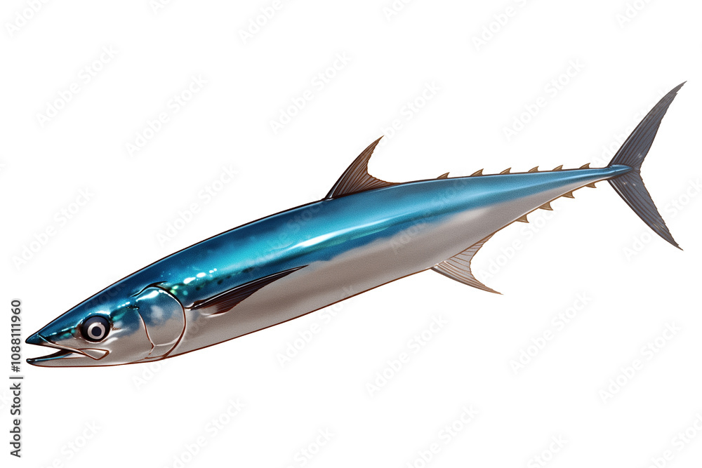 Poster sleek needlefish with shiny blue body and sharp fins is isolated on white background, showcasing its