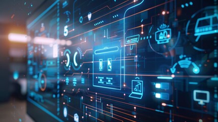 Vibrant blue and orange circuit board with computer icons, wires, and intricate details. Explore digital technology components and accessories in this captivating image