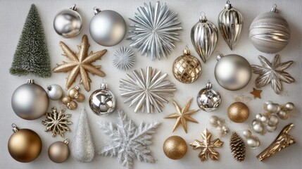 Elegant Collection of Silver and Gold Christmas Ornaments and Decorations for Holiday Festivities and Seasonal Celebrations