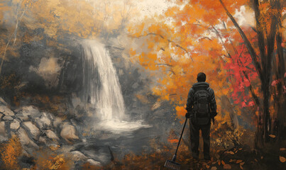 Fototapeta premium Hiker Watching Leaves Fall, Rake in Hand