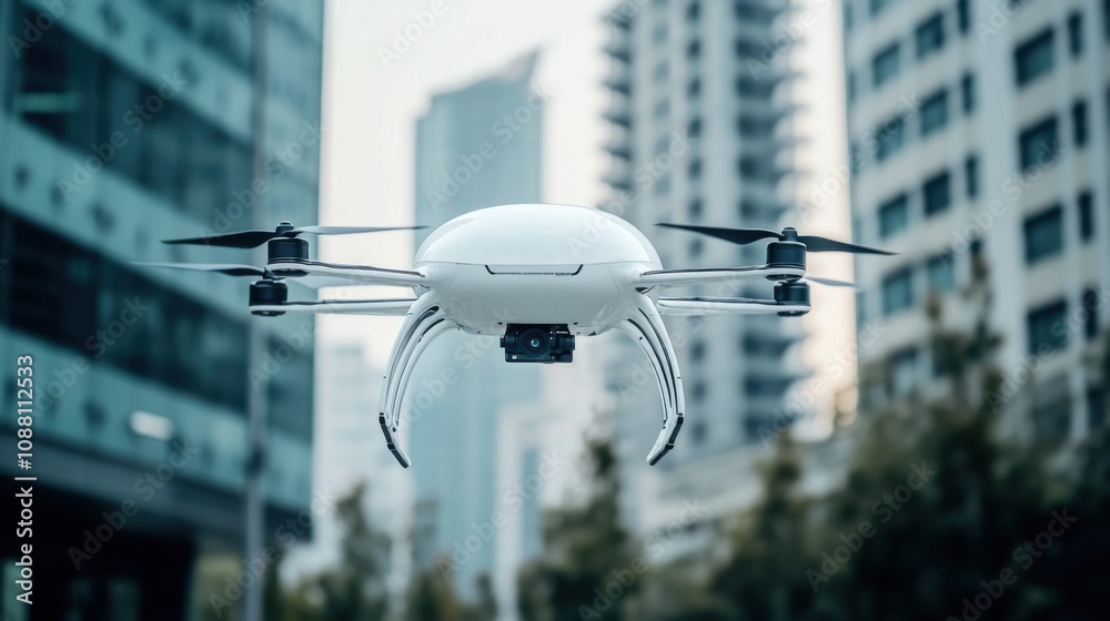 Aufkleber A futuristic AI-driven autonomous drone for high-speed delivery services, clean urban environment with drones designed for efficient and rapid delivery of packages, Delivery Services style