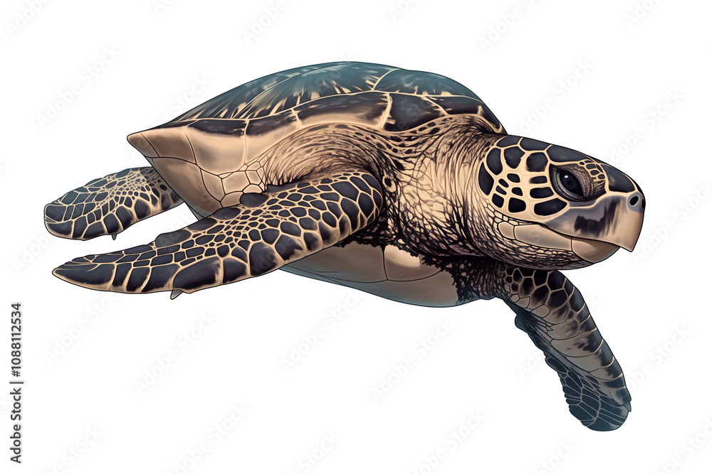 Aufkleber sea turtle gracefully swims, isolated on white background, showcasing its intricate shell patterns and serene expression