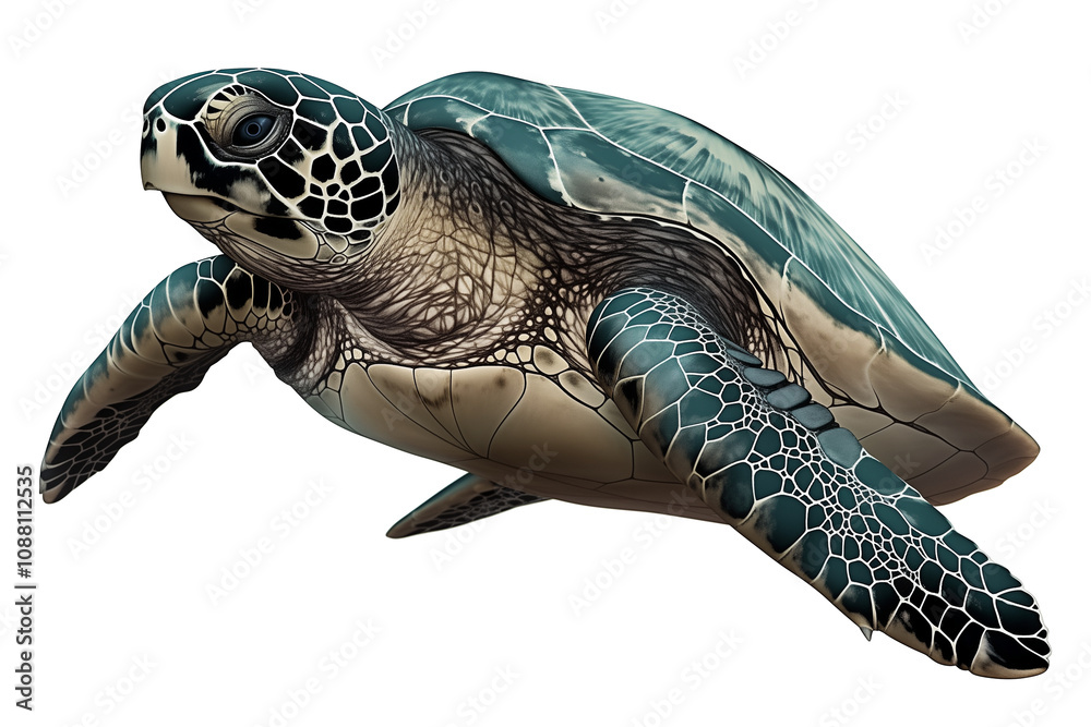 Poster sea turtle gracefully swims, showcasing its intricate shell pattern and serene expression against white background