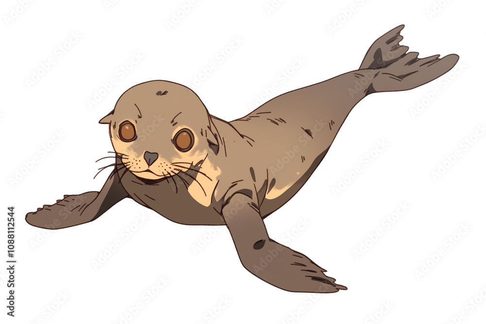 Poster cute seal with large eyes and whiskers is isolated on white background. its flippers are spread out,