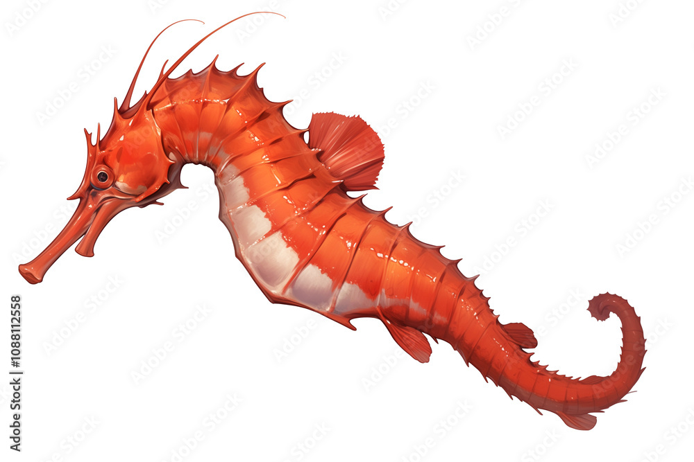 Poster vibrant orange seahorse with intricate details is isolated on white background, showcasing its uniqu