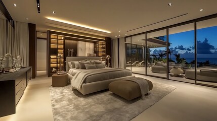 Fototapeta premium Luxurious modern bedroom with ocean view, featuring a king-size bed, built-in shelving, and sliding glass doors leading to a patio.