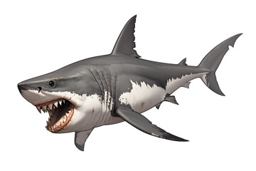 great white shark with sharp teeth and powerful body is isolated on white background, showcasing its fierce and majestic nature