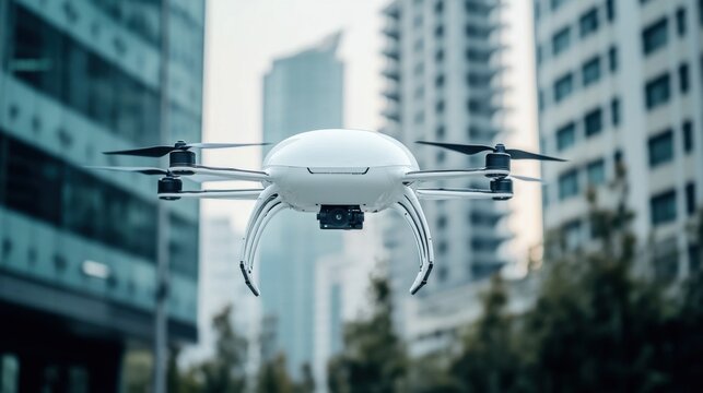 A futuristic AI-driven autonomous drone for high-speed delivery services, clean urban environment with drones designed for efficient and rapid delivery of packages, Delivery Services style