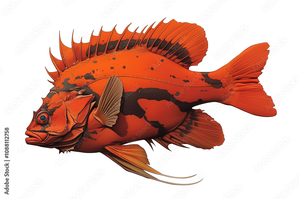 Poster vibrant stonefish with striking orange and black patterns is isolated on white background, showcasin