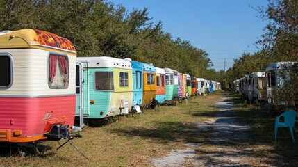 Obraz premium Colorful vintage trailers parked in a row, outdoors on a sunny day.