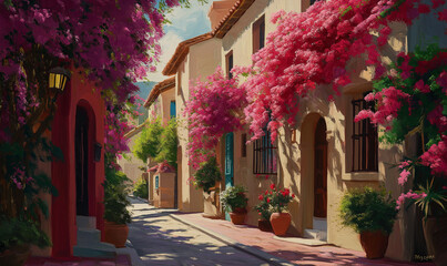 Urban Village Street with Small Bay Windows and Cascading Bougainvillea