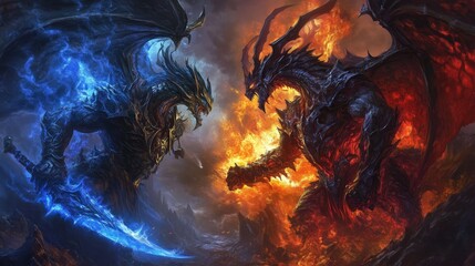 Two dragons are fighting each other, one blue and one red. The blue dragon is holding a sword and the red dragon is holding a spear. The scene is intense and dramatic