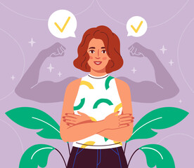 Self confident woman. Young girl against background of shadows with pumped up arms. Positive and optimistic. Mental and psychological health. Inner power and strenght. Flat vector illustration