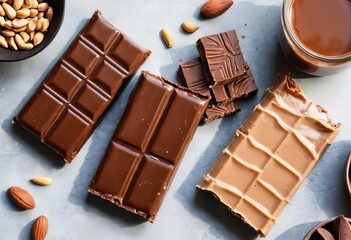 Three chocolate bars with ingredients surrounding them - whey protein powder, peanut and cocoa butter, raw cacao and maple syrup