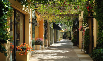 Downtown Pedestrian Promenade with Shaded Storefronts and Flowering Vines on Trellises