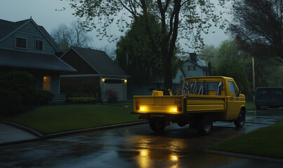 Obraz premium Suburban Yard Work: Placing Tools into a Utility Truck as Dusk Light Glistens