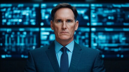 The Calm Before The Storm: A seasoned businessman, with a stern yet composed expression, stands before a wall of data-filled screens, radiating an air of control and unwavering focus.  
