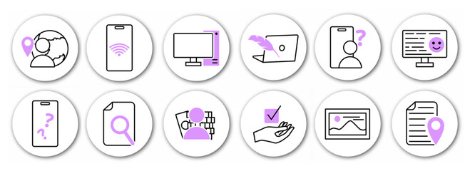 Seo file and approved line icons set. Laptop, computer and smartphone. Analysis of user behavior. Promotion of website and page on Internet. Linear vector collection