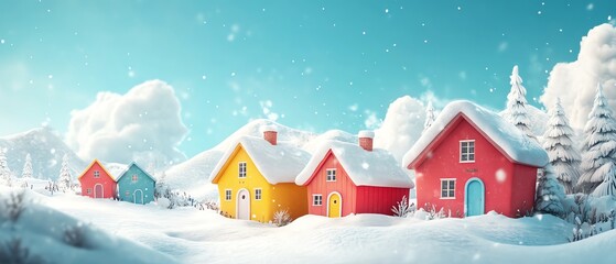 Winter scene with colorful houses in the snow, banner on the right with space for copy, cute and dreamy childrens book atmosphere, generative AI style