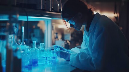 A female scientist in a lab coat and goggles is working with beakers and test tubes in a brightly lit laboratory.