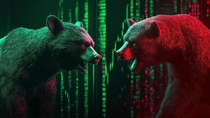 Two angry bears face each other, symbolizing a bull and bear market. The background is a matrix-like display of stock market data.