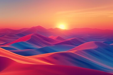Vibrant sunset over surreal, colorful sand dunes.