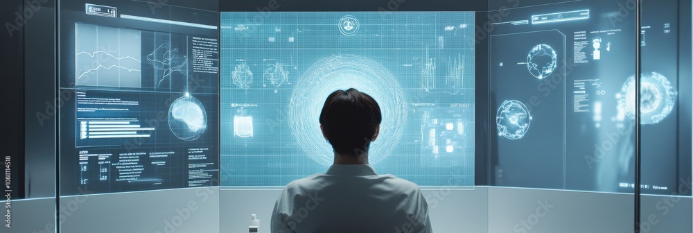 Poster A person interacts with a high-tech mirror displaying diagnostics and suggestions for hair care options in a contemporary salon. Generative AI